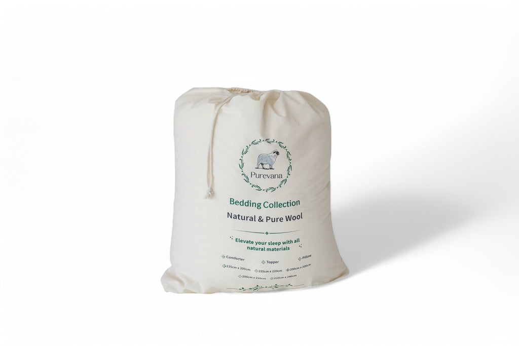 Purevana merino wool mattress topper in storage bag — includes reusable cotton packaging