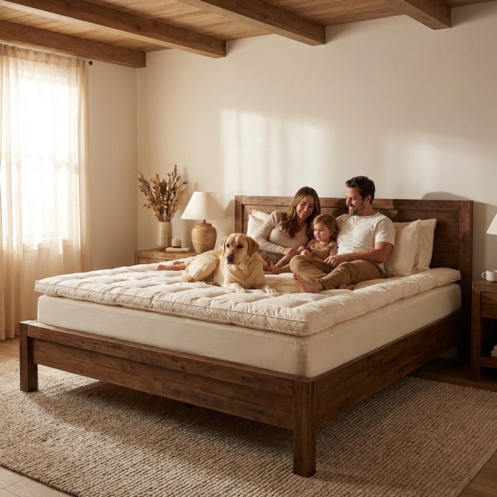 Family relaxing on Purevana 1-inch merino wool mattress topper — natural bedding for the whole family