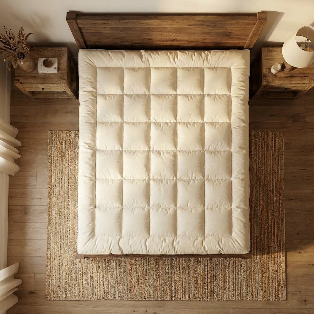 Purevana 1-inch merino wool mattress topper folded — showing quilted cotton cover and wool fill