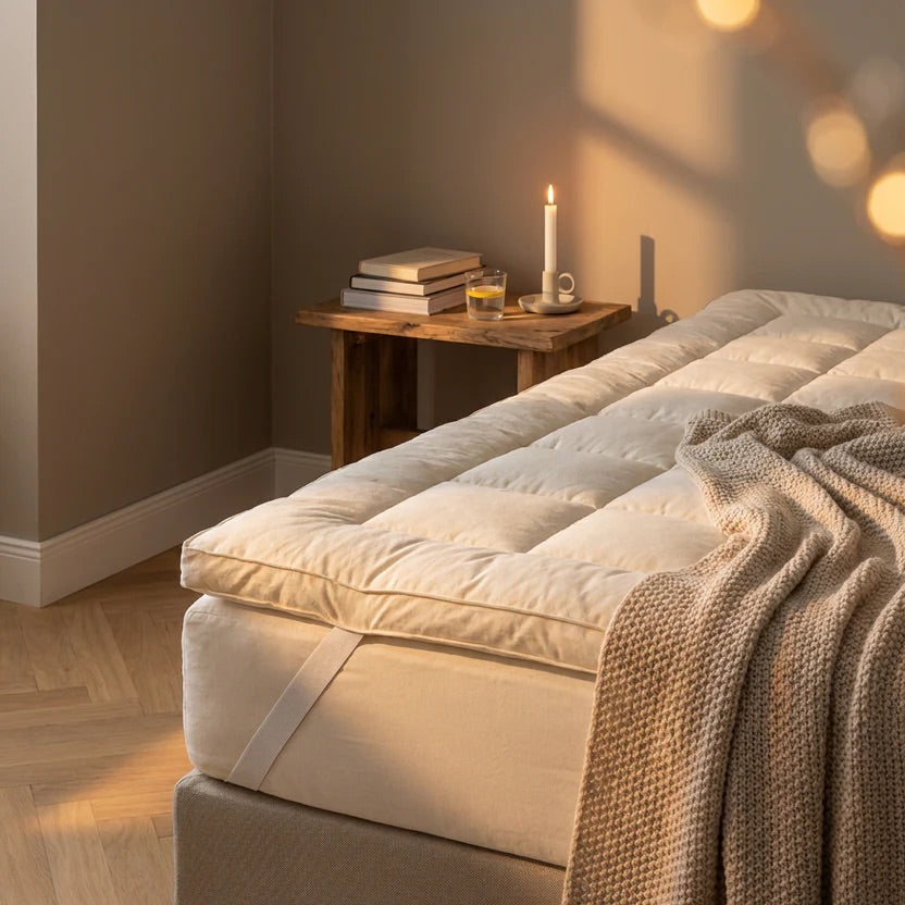 Purevana wool mattress topper in warm bedroom setting — temperature-regulating natural sleep surface