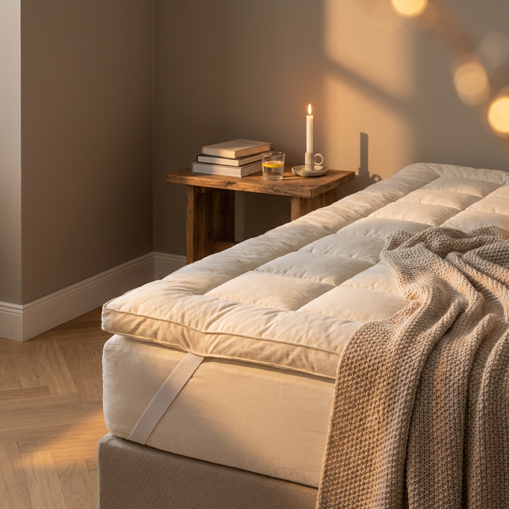 Purevana wool mattress topper in warm bedroom setting — temperature-regulating natural sleep surface