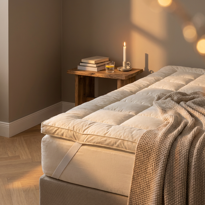 Purevana wool mattress topper in warm bedroom setting — temperature-regulating natural sleep surface