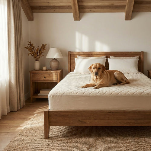Purevana wool mattress protector on bed with dog — pet-friendly natural bedding