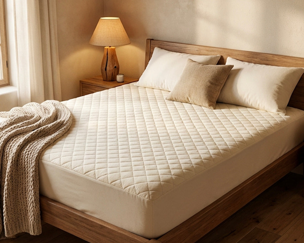 Purevana merino wool mattress protector — quilted white cover on wooden bed frame