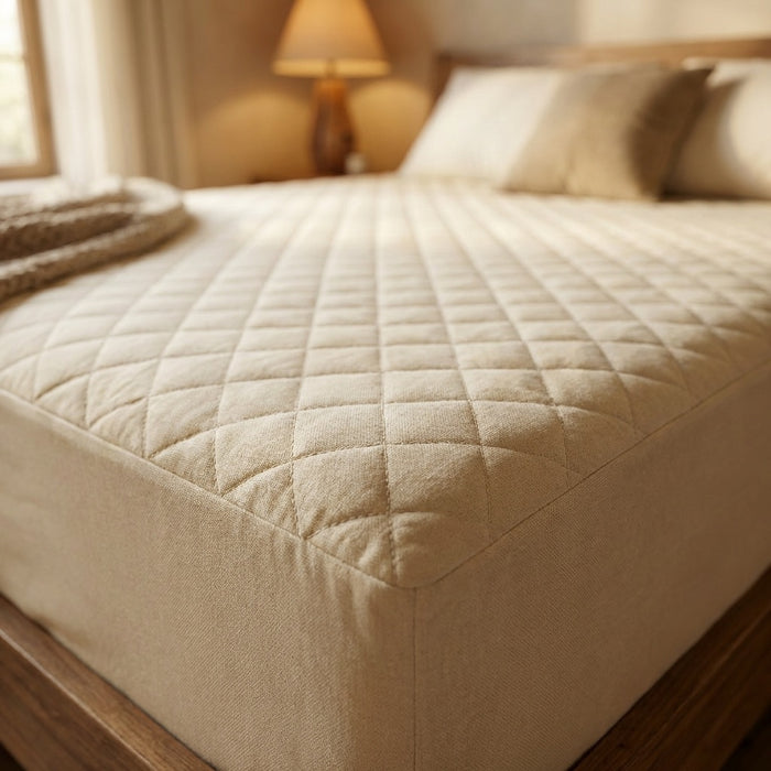 Close-up of Purevana wool mattress protector quilted texture — breathable natural material