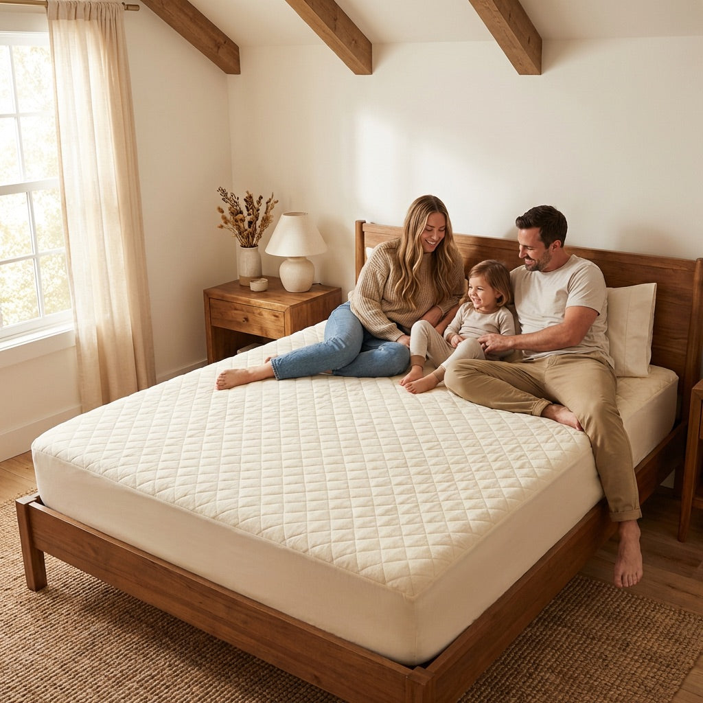 Family relaxing on bed with Purevana wool mattress protector — safe for the whole family