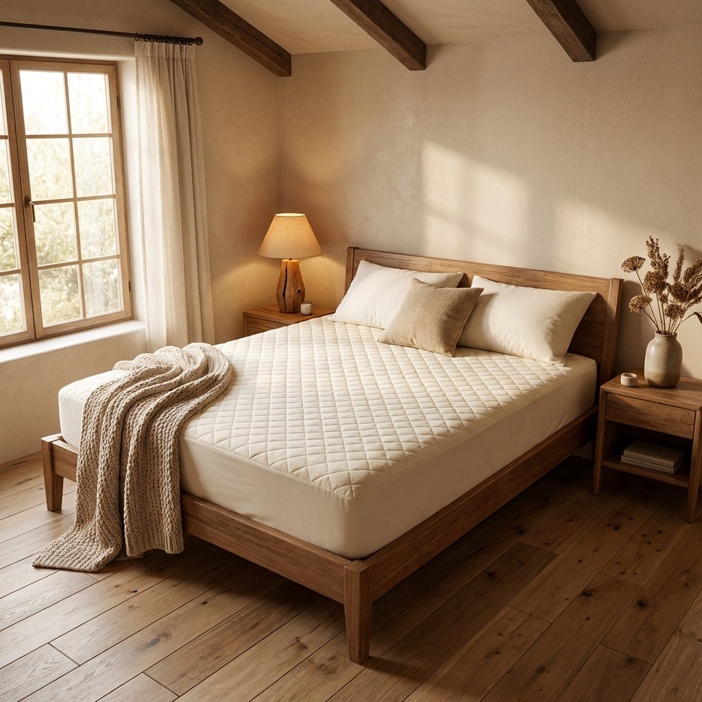 Purevana merino wool mattress protector on bed in bright bedroom — waterproof and breathable